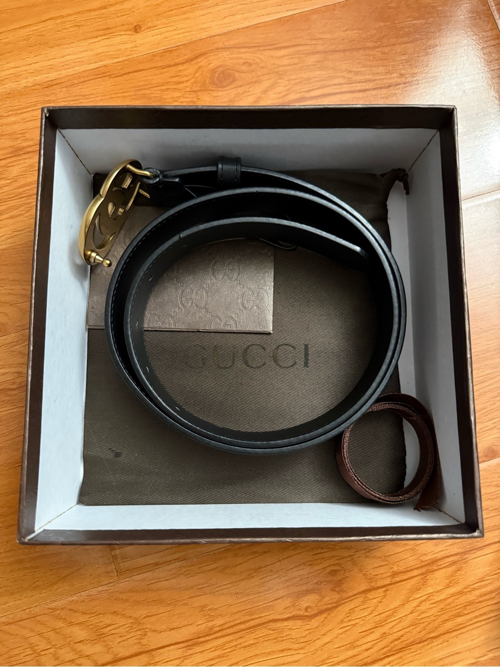 Black Leather Belt with Brass Double G Buckle - S/M
